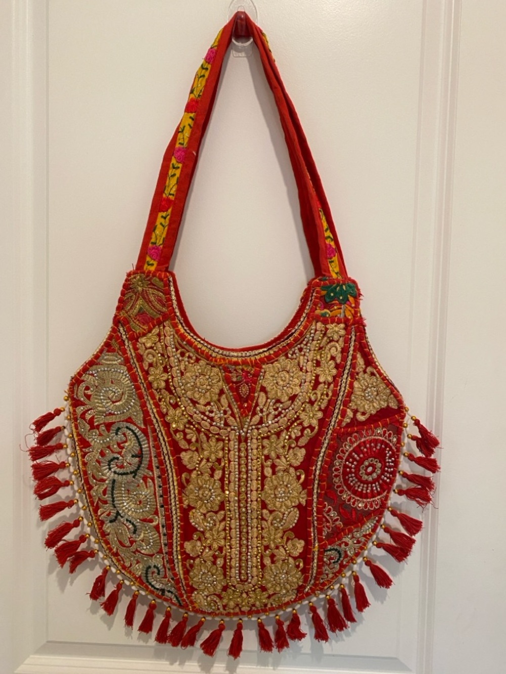 Red Embroidered Boho Shoulder Bag